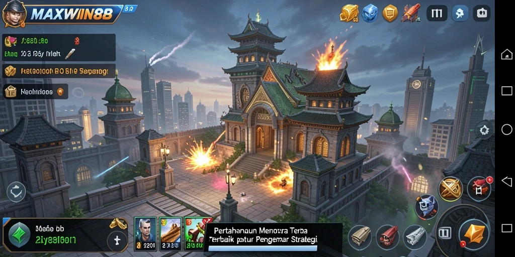 Tangkapan layar gameplay <strong>MAXWIN88</strong> menampilkan aksi menara pertahanan yang seru.