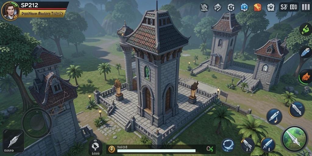 Gameplay SP212 menampilkan menara yang menghalau gelombang musuh.